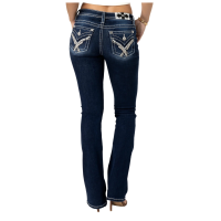 MISS ME Women's Cris Cross Beaded Faux Flap Pockets Dark Blue Mid-Rise Bootcut Jeans (M3444B119L)