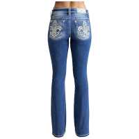 MISS ME Women's Paisley Print Fleur De Lis Dark Blue Mid-Rise Bootcut Jeans (M9357BL)