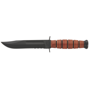 KA-BAR USMC Short Clip Point Fixed Blade Knife, 5.25", Partially Serrated Edge, Brown - 1252