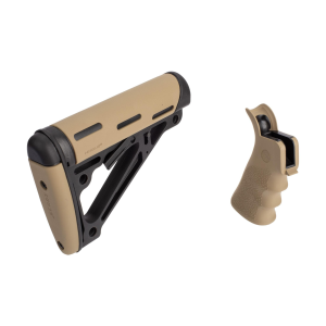 AR-15/M-16 Kit - Finger Groove Beavertail Grip and OverMolded Collapsible Buttstock - Fits Commercial Buffer Tube - Flat Dark Earth Rubber