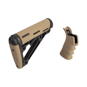 AR-15/M-16 Kit - Finger Groove Beavertail Grip and OverMolded Collapsible Buttstock - Fits Mil-Spec Buffer Tube - Flat Dark Earth Rubber