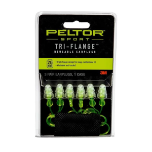 3M Peltor Sport Tri-Flange Corded Reusable Earplugs - 3 Pair - Neon Yellow - 3M Peltor