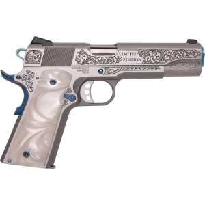 Cnc Firearms CNCTXBBQ Springfield 1911 Texas BBQ Limited Edition 45 ACP 7+1 5 Stainless Match Grade Barrel, Serrated w/Engraved Scrollwork Stainless Slide, Stainless Stainless Steel w/Nitre Blue Controls Frame, Pearlized Polymer Grip