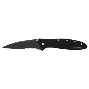 Kershaw Leek Assisted Opening Pocket Knife 3" Serrated Wharncliffe Sandvik 13C26 Stainless Steel Tungsten DLC Coated Blade Stainless Steel Handle Black