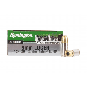 Remington Ultimate Defense 9mm 124 gr Brass Jacket Hollow Point Ammo - Box of 20