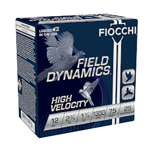 Fiocchi Field Dynamics High Velocity 12 Gauge 2.75" 1.25 oz. #7.5 Shotshells, 25rds - 12HV75