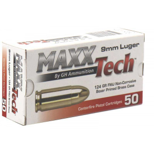Maxxtech 124gr FMJ 9mm Brass Cased Ammunition 50 Rounds - PTGB9124B