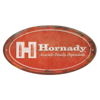 Hornady Rustic Aluminum Oval Tin Sign 12" x 18" in Red/White - Vintage-Style Firearm Decor - 99144