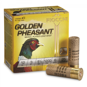 Fiocchi Golden Pheasant 12 Gauge 3 inch Shells 1 3/4 oz. Nickel Plated 25 Rounds