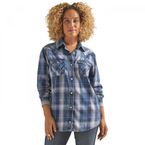Wrangler Women's Long Sleeve Western Snap Plaid Denim Shirt