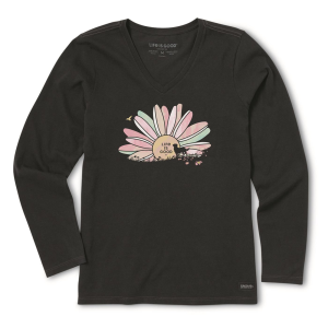 LIFE IS GOOD Women's Washy Daisy Dog Long Sleeve Crusher V Neck Tee