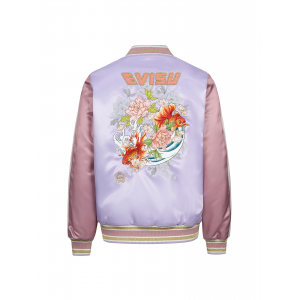 Goldfish and Floral Flow Embroidery Color-blocking Loose Fit Souvenir Jacket