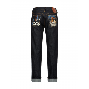 Fair Isle Pattern and Kumadori Daruma Print Slim Fit Denim Jeans #2010