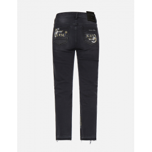 Slashed Kamon and Logo Embroidered Cropped Straight Fit Jeans