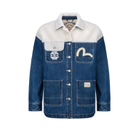 Kamon Print Sherpa Mixed Denim Shirt Jacket