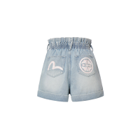 Seagull and Kamon Print Paper Bag Denim Shorts