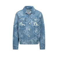 Graffiti Daruma and Logo Allover Discharged Print Denim Jacket