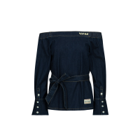 Logo Embroidery Off-Shoulder Denim Blouse