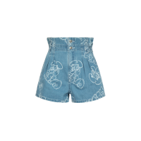 Allover Graffiti Daruma and Logo Laser-Print Denim Shorts