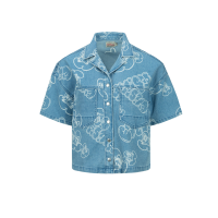 Allover Graffiti Daruma and Logo Discharged-Print Denim Shirt