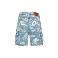 Graffiti Daruma and Kamon Discharged Print Denim Cargo Shorts