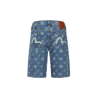 Allover Kamon and Eagle Print Denim Shorts