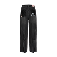 Seagull Embroidery with Logo-pattern Pocket Wide-leg Denim Jeans
