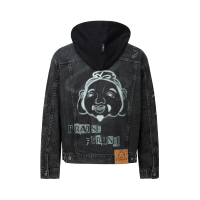Graffiti Godhead Print Loose Fit Hooded Denim Jacket