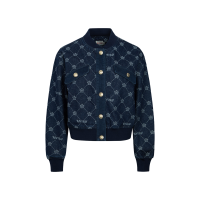 Allover Kamon and Logo Drop Shoulder Denim Bomber Jacket