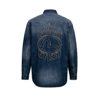 Grunge Style Logo and Seagull Applique Relax Fit Denim Shirt