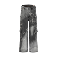 Tie-dye Kamon and Seagull Print Fashion Fit Cargo Jeans