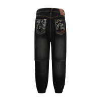 Fair Isle Pattern Seagull Embroidery Overlapping Wide Leg Denim Jogger Pants