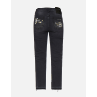 Slashed Kamon and Logo Embroidered Cropped Straight Fit Jeans