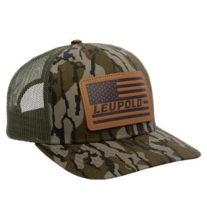 Leupold Leather Flag Trucker Hat Bottomland Camo/Green 172600 in Mossy Oak Bottomland
