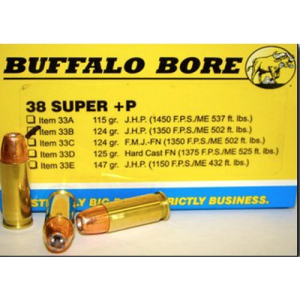 BUFFALO BORE 38 Super +P 124Gr JHP (1350FPS/ME 502 ft lbs) 20rd