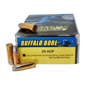 BUFFALO BORE 25 ACP 60Gr Hard Cast FN (850FPS/ME 96 ft lb) 20rd