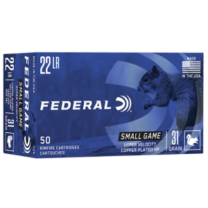 FEDERAL AMMO 22LR 31gr Hyper Velocity Copper Plated HP Ammunition, 50 Rounds