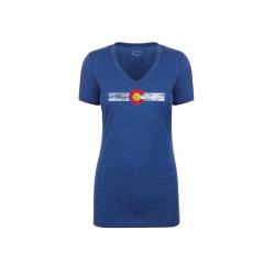 Republic of Colorado Ladies Single Stripe V Neck Tee Shirt - Royal - Small