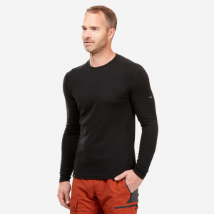 Forclaz Men's Mt500 Long-Sleeve 100% Merino Wool T-Shirt in Black, Size 2XL