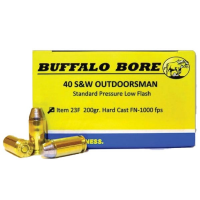 Buffalo Bore Outdoorsman Standard Pressure 40 S&W 200 grain Hard Cast Flat Nose Low Flash Pistol and Handgun Ammo, 20/Box - 23F/20