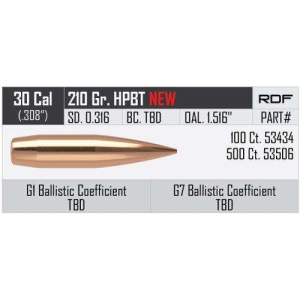 Nosler 53506 RDF 30 Cal .308 210 gr Hollow Point Boat Tail (HPBT) 500 Per Box
