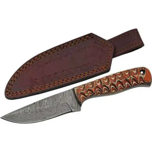 SZCO RITE EDGE 4 RED TWISTED WOOD HUNTER DAMASCUS W/SHEATH