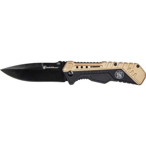 S&W KNIFE BLACK/FDE SPRING AST 3.5 BLACK BLADE RUB/ALUM