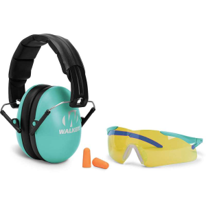 Walker's GWP-YWFM2GFP-LTL Folding Muff Combo Kit 23 dB Over the Head Polymer Teal Ear Cups with Black Headband Youth, Women with Glasses & 31dB Foam Ear Plugs