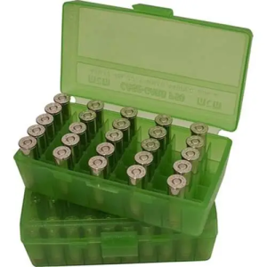 MTM CASE GARD FLIP-TOP BOX CARTRIDG 9MM/380 50RD CLR/GRN