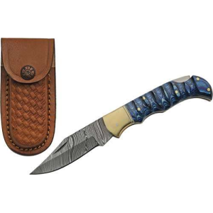 SZCO RITE EDGE 3 BLUE GROOVED WOOD DAMASCUS LOCKBACK W/SHTH