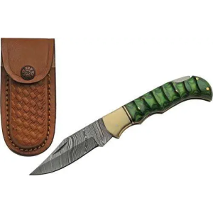 SZCO RITE EDGE 3 GREEN GROOVED WOOD DAMASCUS LOCKBACK
