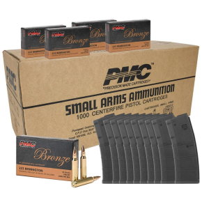 PMC 223A Bronze .223 Rem 55 Grain FMJBoat Tail Brass- 1000Rd Case w/ 10- 30rd MFT Magazines - Pmc
