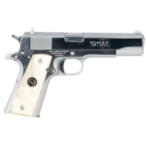 Iver Johnson Arms 1911A138CHRWP   38 Super 81 5 Stainless Steel Barrel Bright Polish Chrome Serrated Stainless Steel Slide Pearl Grips