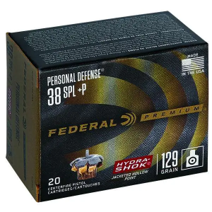 Federal P38HS1 Premium Personal Defense 38 Special +P 129 gr Hydra-Shok Jacketed Hollow Point 20 Bx/ 25 Cs
